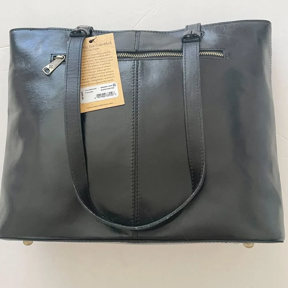 Patricia Nash Braden Leather Tote Bag Large Colorblock Black Brown Italian Made - Picture 4 of 12